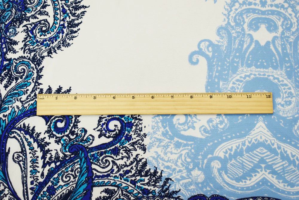 White-Blue-Black Poly Baroque Border Printed Pebble Crepe Woven Fabric - Image 3