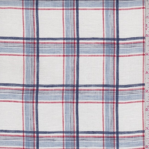 White/Blue/Brick Plaid Linen Blend Fabric
