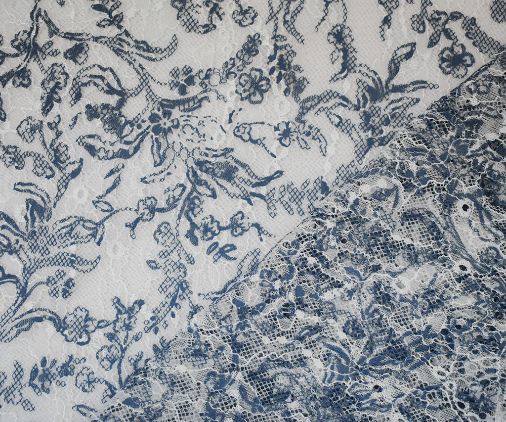 White-Blue Nylon Floral Vine Printed Lace Mesh Knit Fabric - Image 2