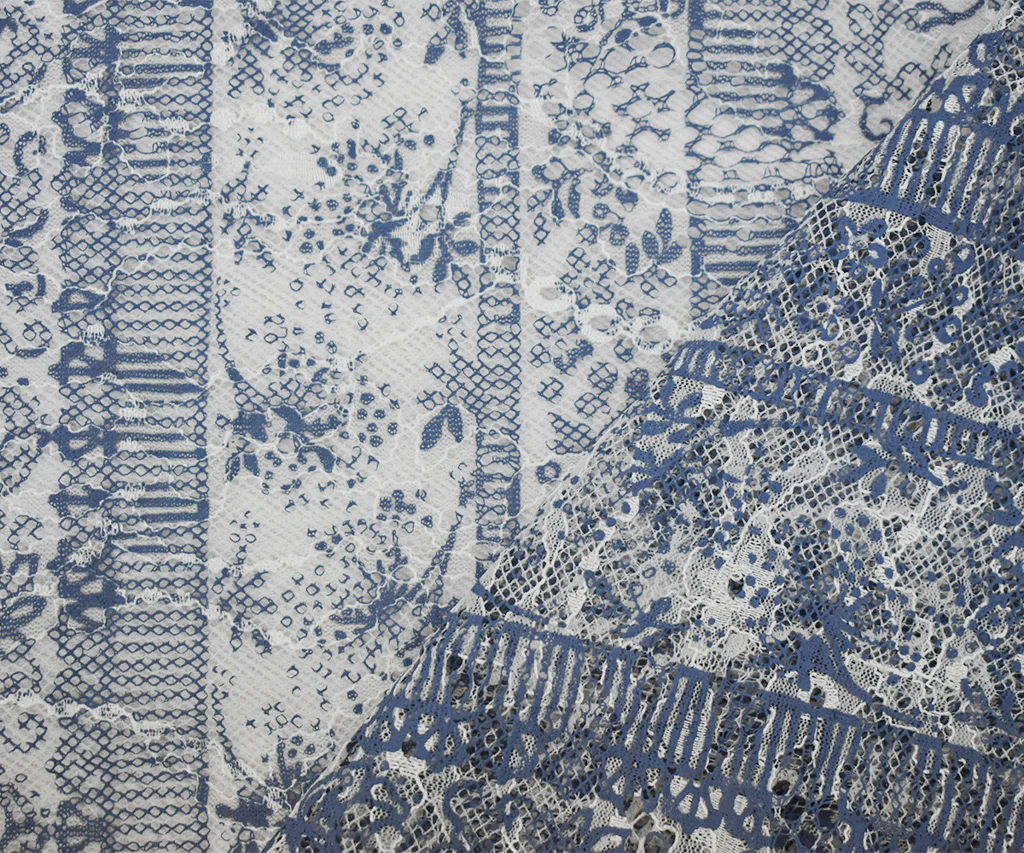 White-Blue Nylon Rayon Floral Stripe Printed Lace Mesh Knit Fabric - Image 2