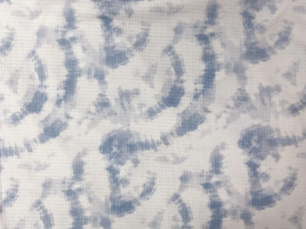 White-Blue Poly Rayon Stretch Tie Dye Pointelle Rib Knit Fabric - Image 2