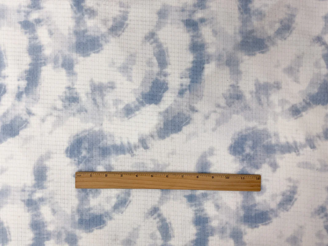 White-Blue Poly Rayon Stretch Tie Dye Pointelle Rib Knit Fabric - Image 3