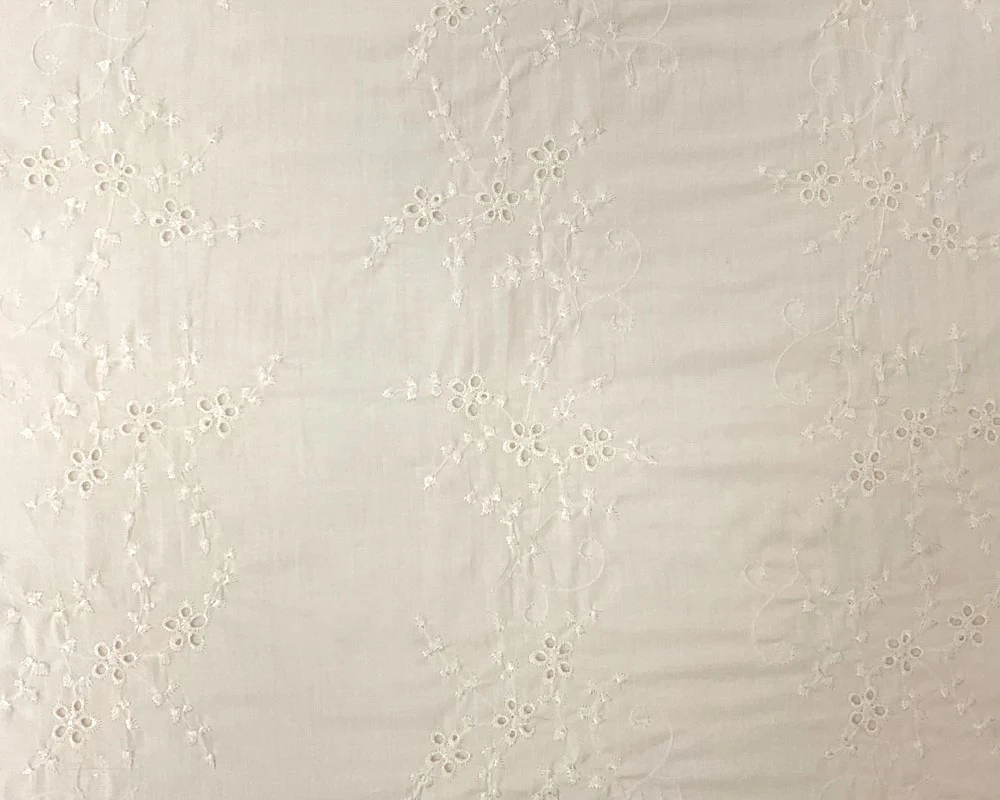 White Cotton Flaral Vine Embroidered Eyelet Voile Woven Fabric - Image 3