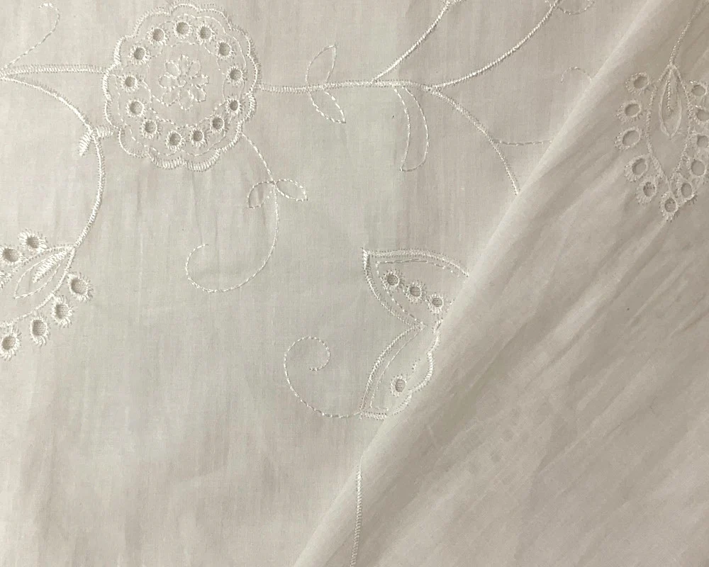 White Cotton Floral Embroidered Eyelet Voile Woven Fabric - Image 2