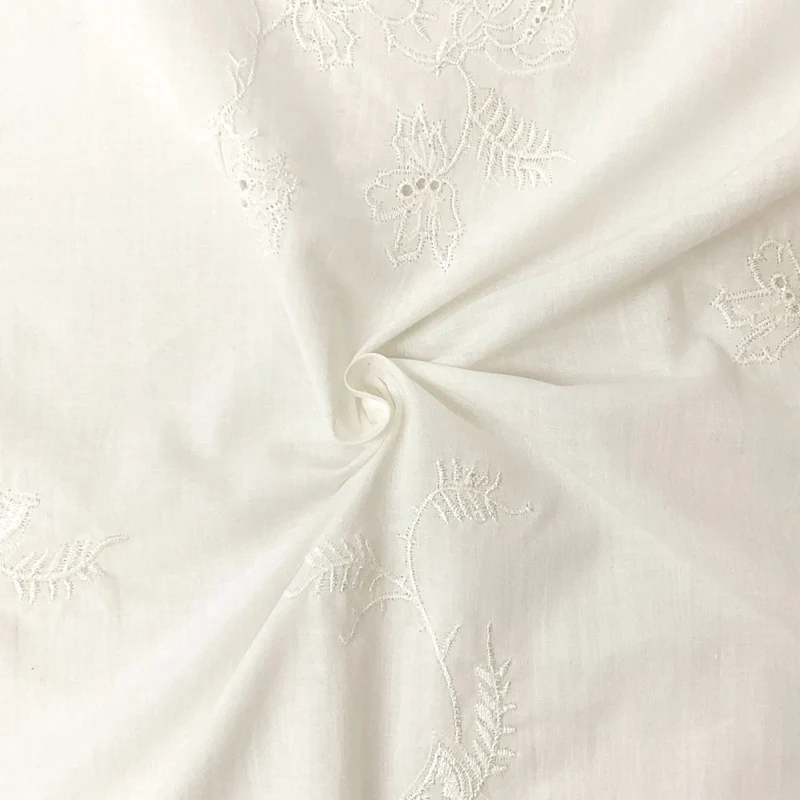 White Cotton Floral Embroidered Eyelet Voile Woven Fabric