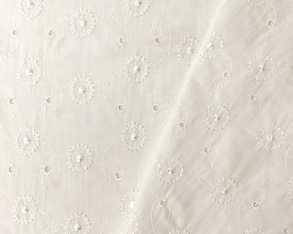 White Cotton Floral Swirl Embroidered Eyelet Voile Woven Fabric - Image 2