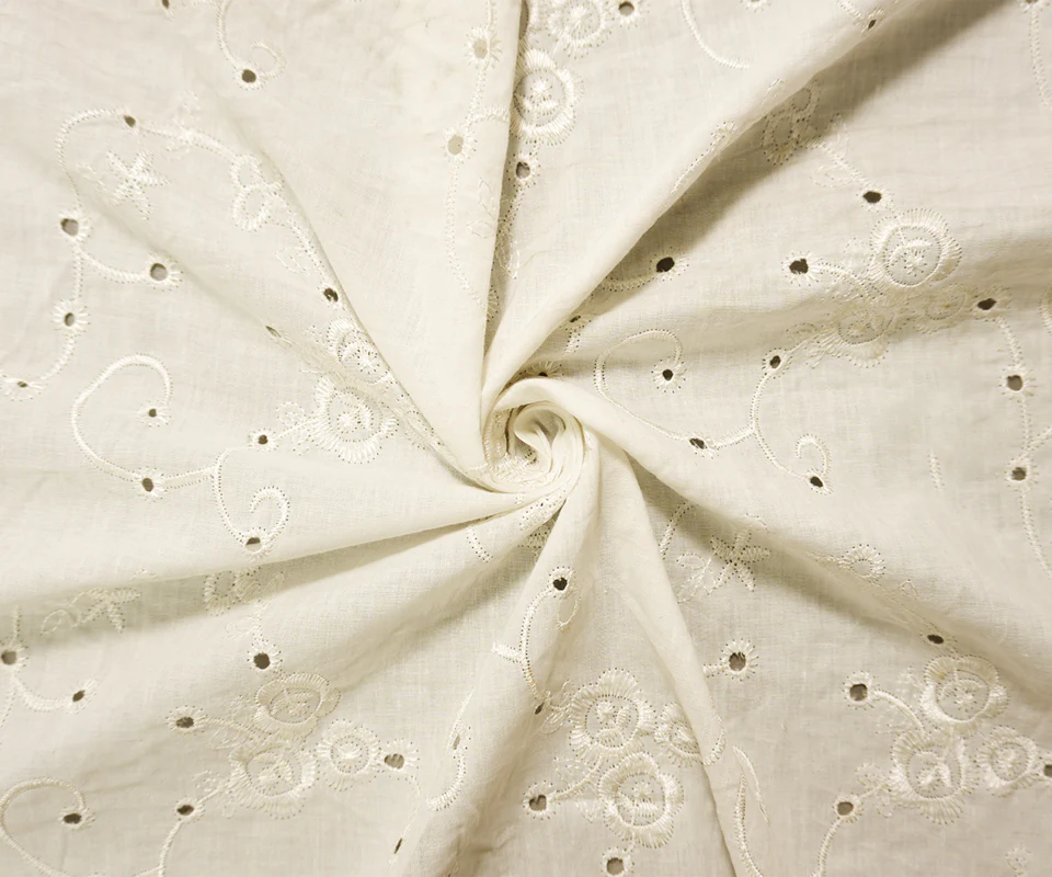 White Cotton Floral Vine Embroidered Eyelet Voile Woven Fabric - Image 3