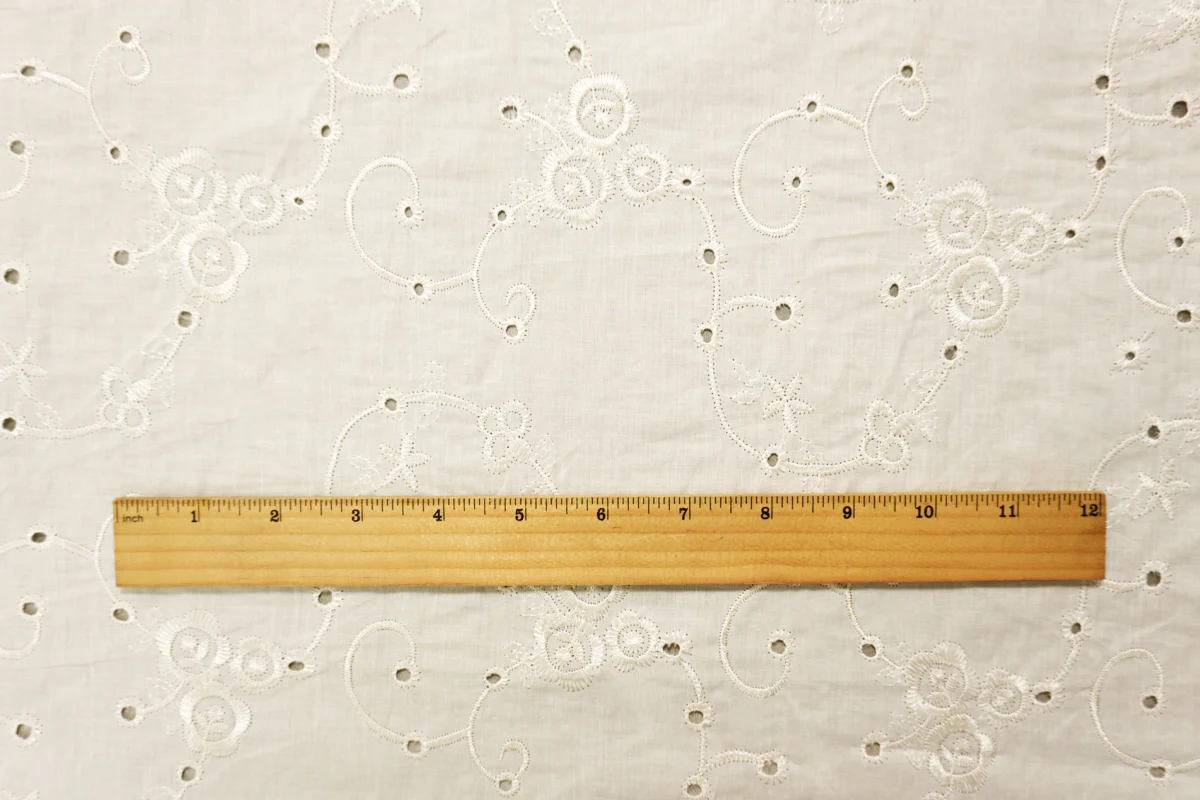 White Cotton Floral Vine Embroidered Eyelet Voile Woven Fabric - Image 4