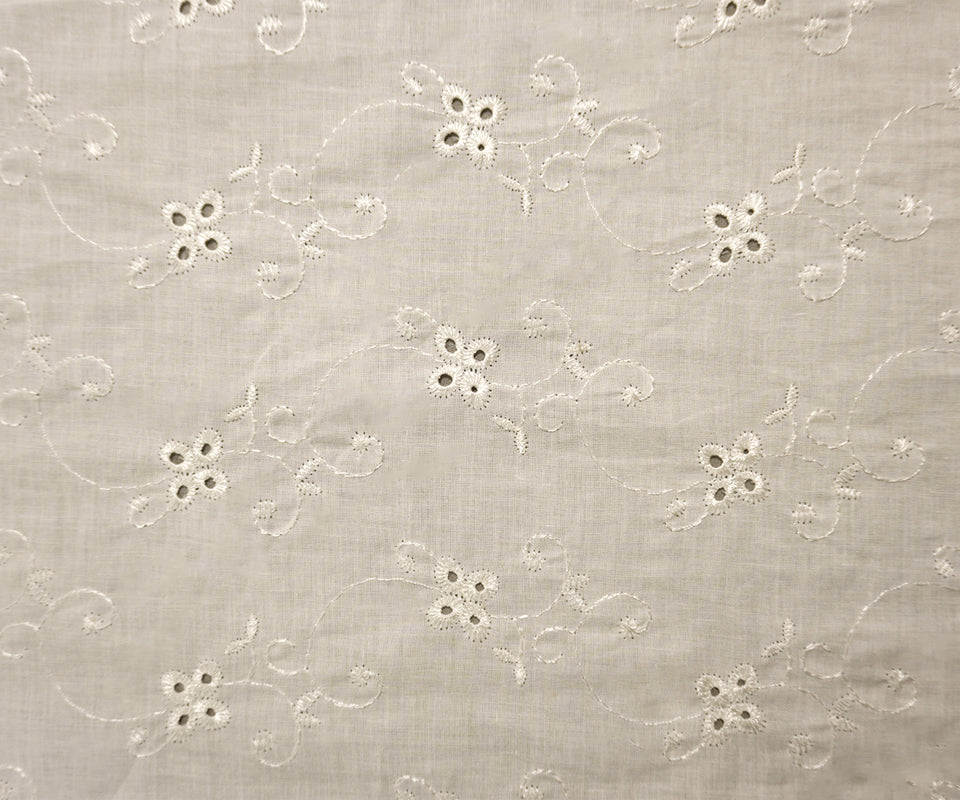White Cotton Floral Vine Embroidered Eyelet Voile Woven Fabric - Image 3