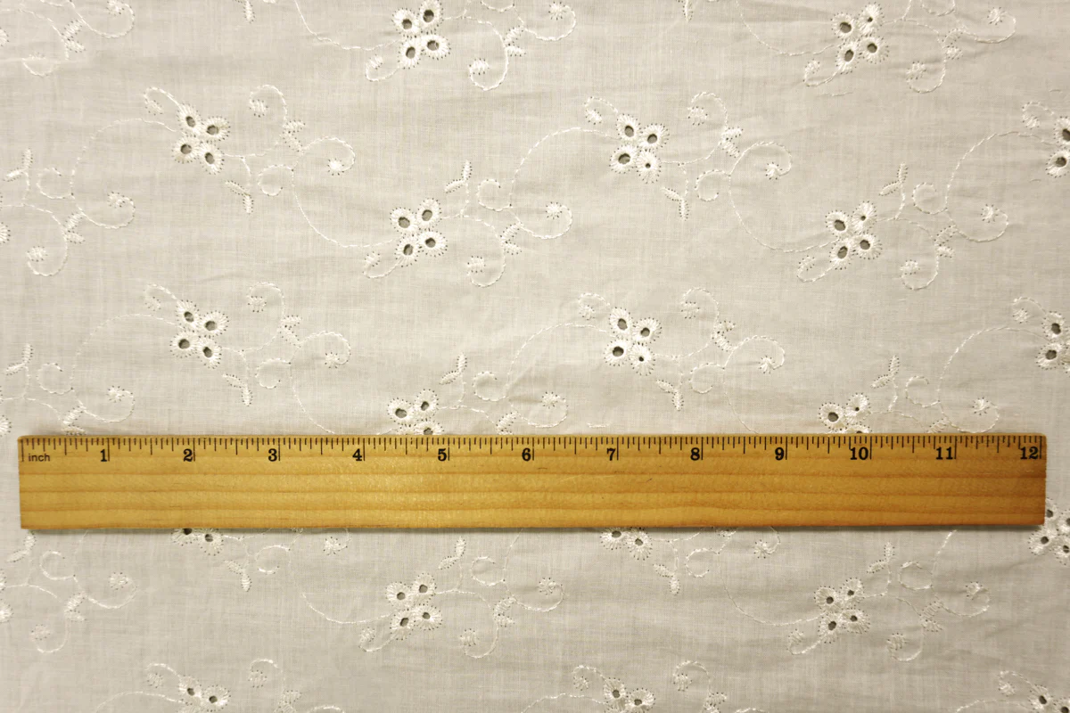 White Cotton Floral Vine Embroidered Eyelet Voile Woven Fabric - Image 4