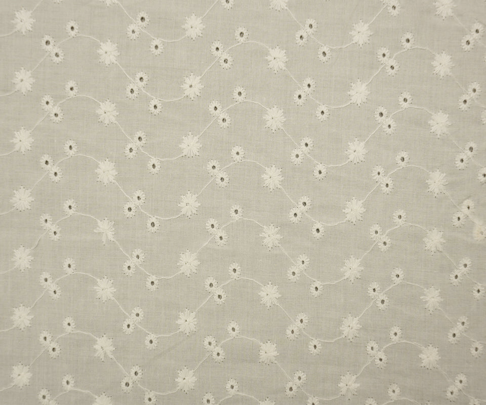White Cotton Floral Vine Embroidered Eyelet Voile Woven Fabric - Image 3