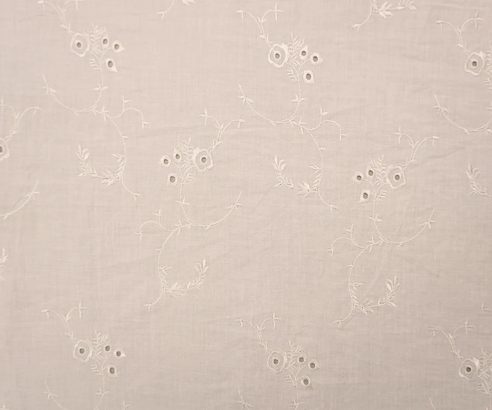 White Cotton Floral Vine Embroidered Eyelet Voile Woven Fabric - Image 3