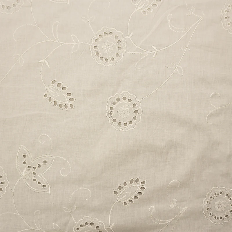 White Cotton Leaf Vine Embroidered Eyelet Voile Woven Fabric
