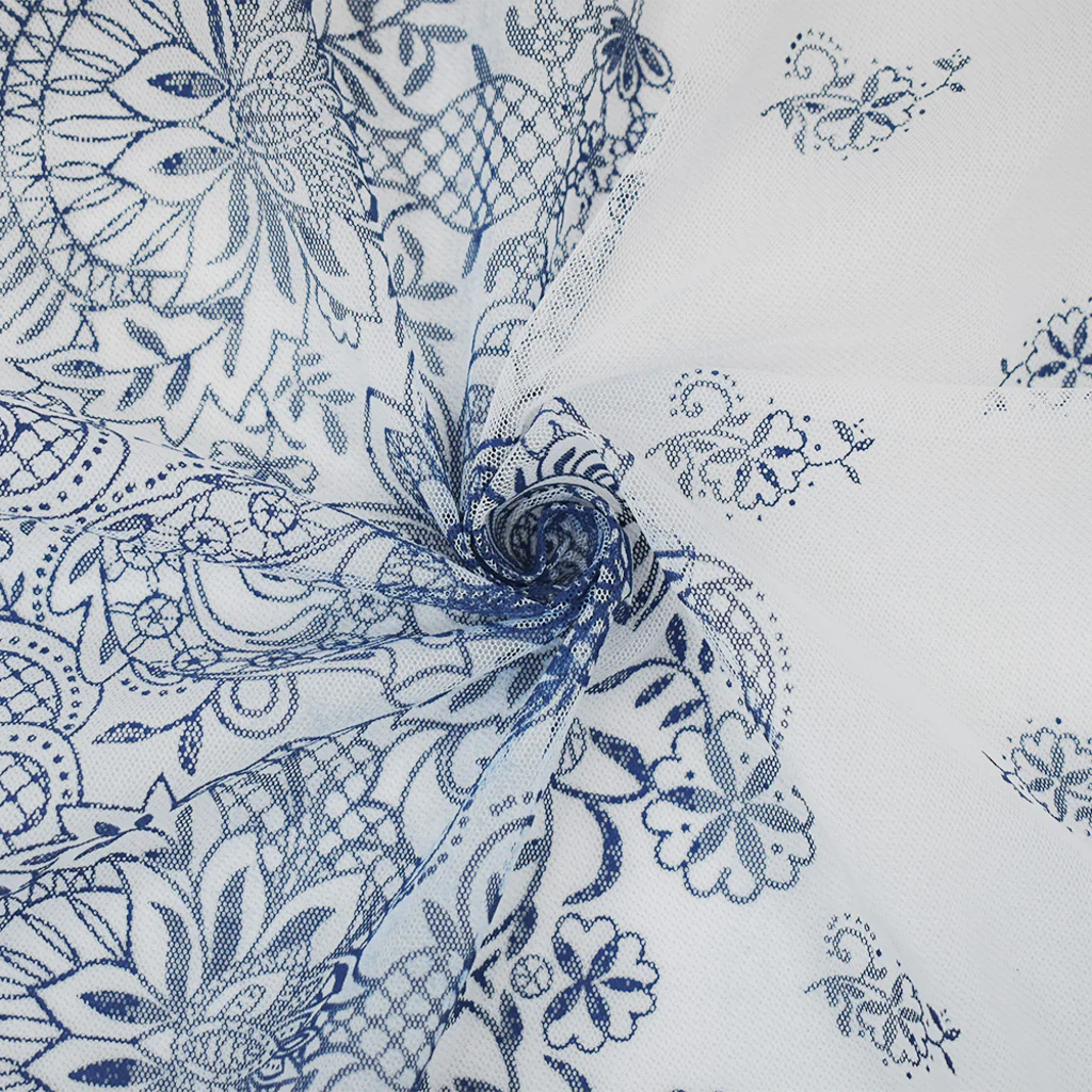 White-Dark Blue Nylon Floral Border Printed Mesh Tulle Fabric