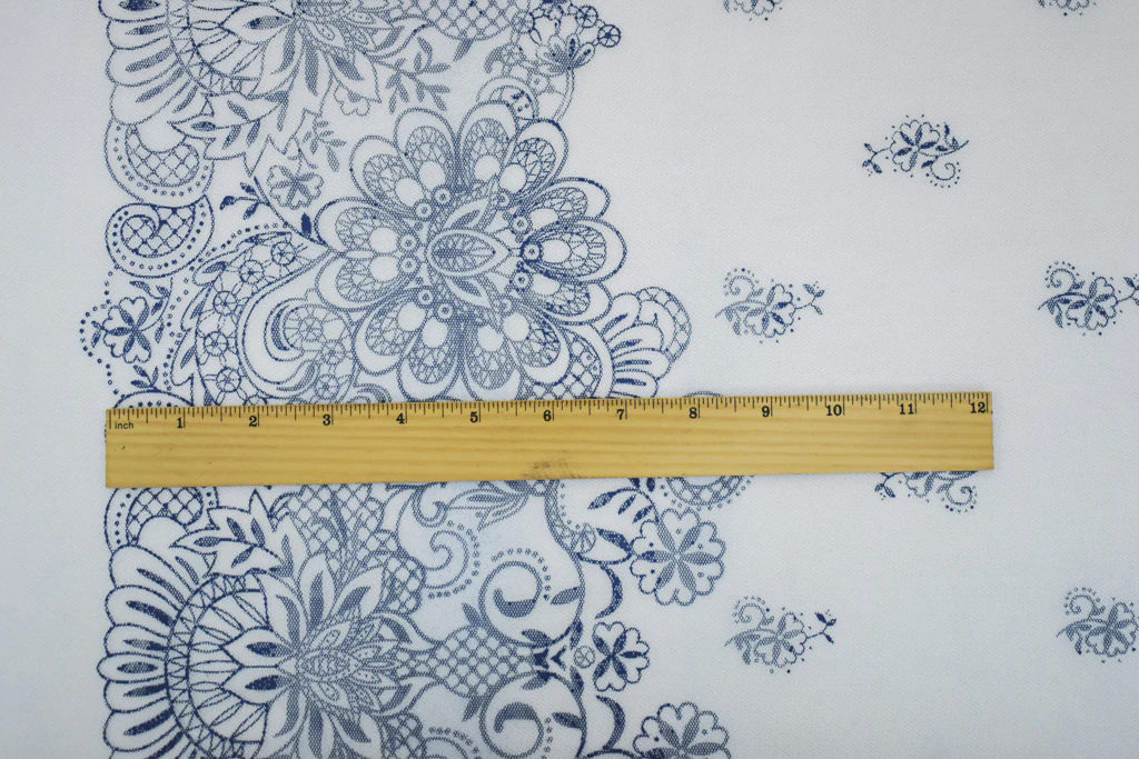 White-Dark Blue Nylon Floral Border Printed Mesh Tulle Fabric - Image 5