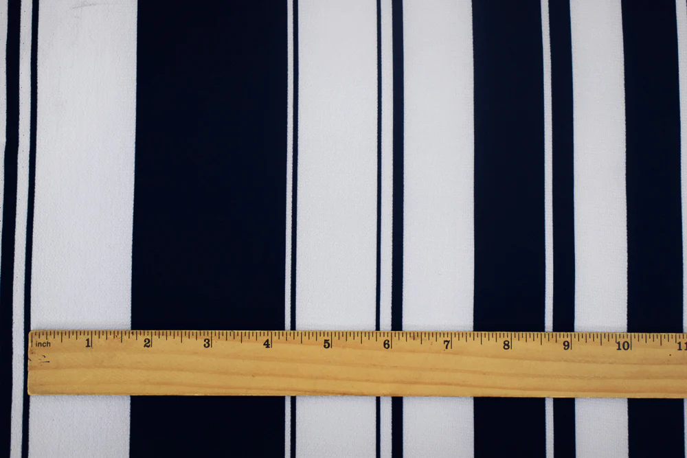 White-Deep Navy Stripe Printed Stretch Poly Spandex Crinkle Crepe Woven Fabric - Image 4