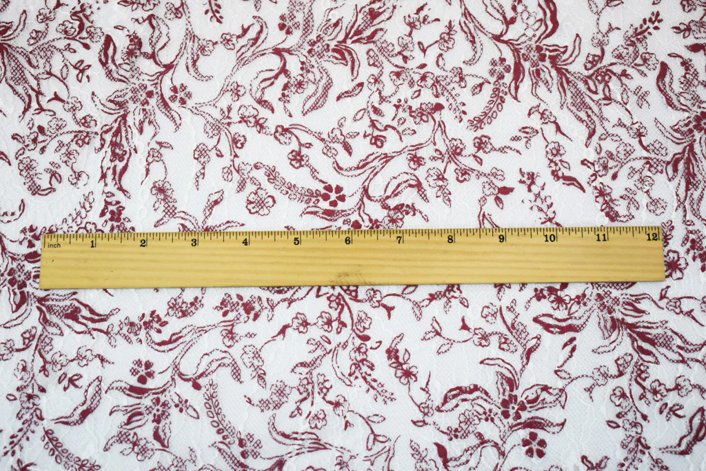 White-Deep Red Nylon Floral Vine Printed Lace Mesh Knit Fabric - Image 4