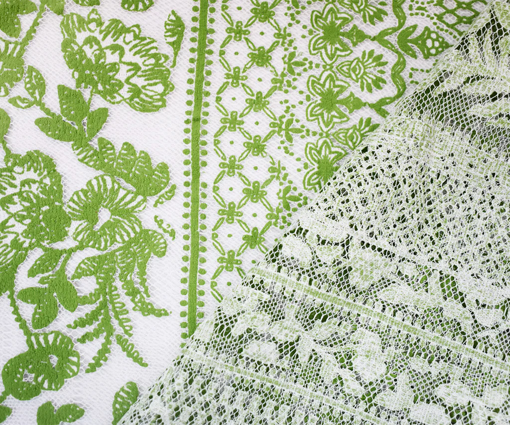 White-Green Nylon Cotton Floral Stripe Printed Mesh Tulle Knit Fabric - Image 2