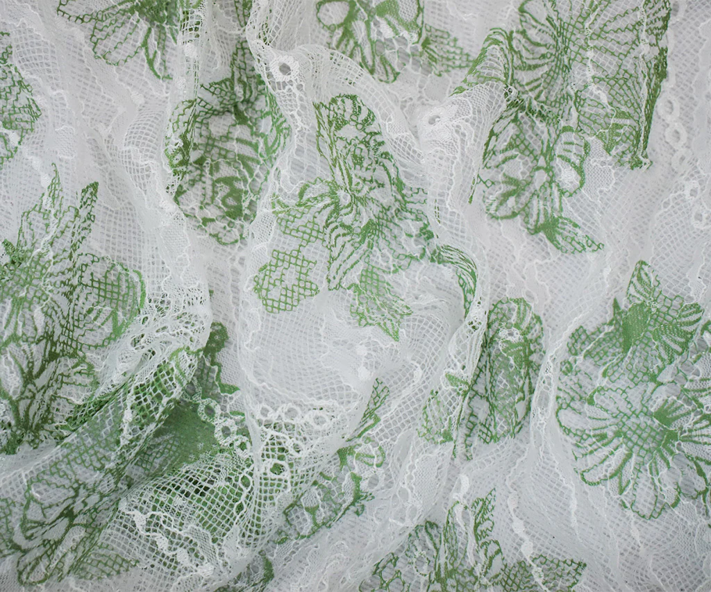White-Green Nylon Floral Printed Lace Mesh Knit Fabric - Image 3