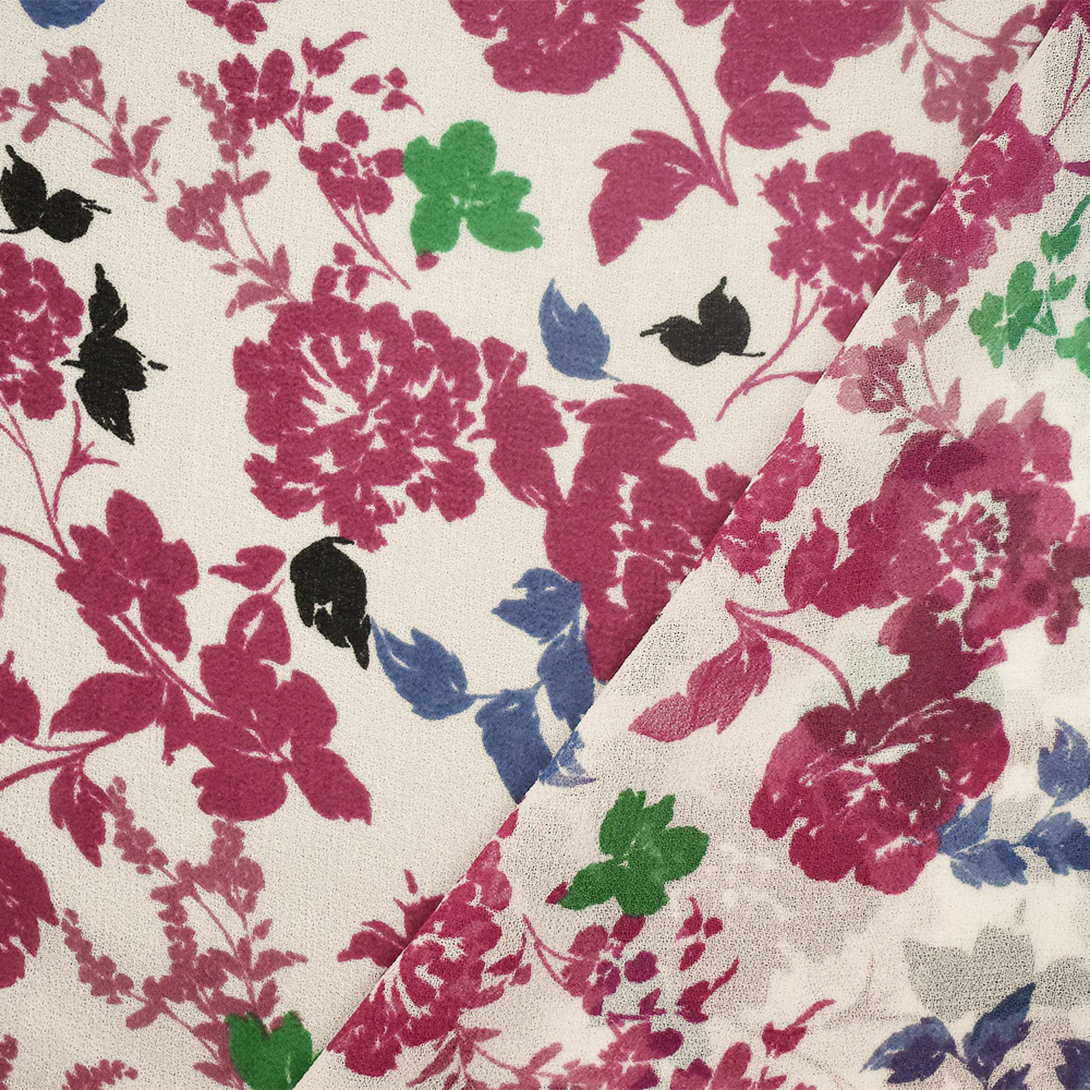 White-Magenta Pink-Multi Floral Printed Poly Chiffon Woven Fabric - Image 2