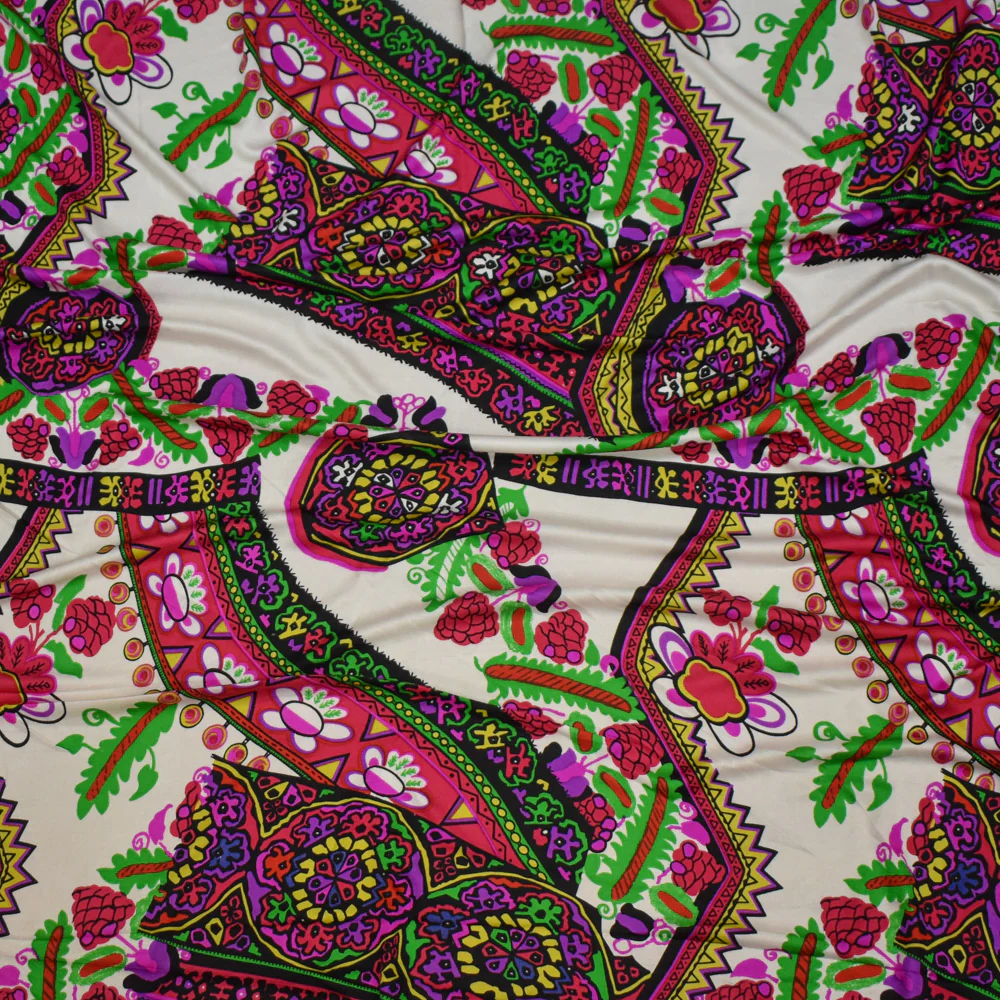 White--Multi Abstract Floral Border Print Stretch Silk Jersey Knit Fabric