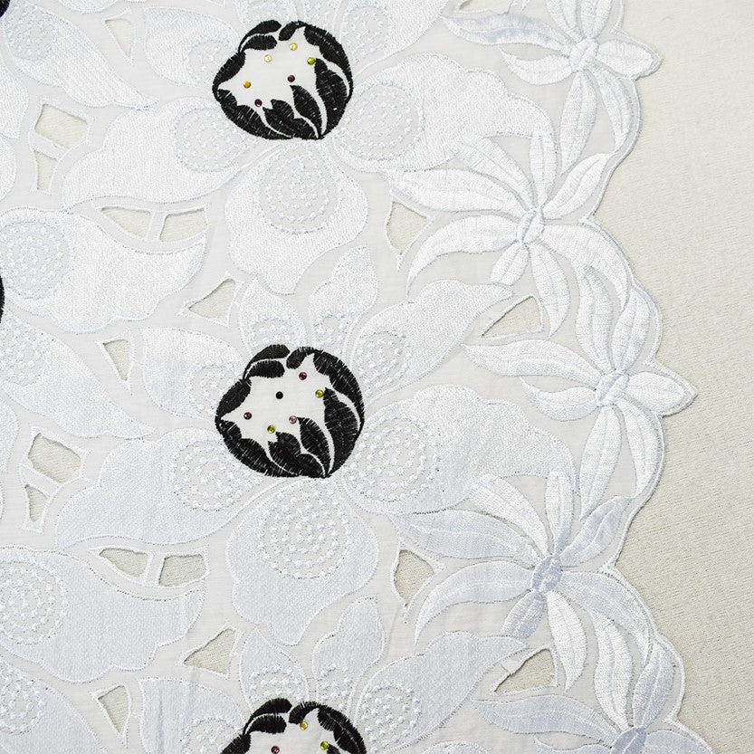 White-Multi Poly Embroidered Floral Scallop Rhinestone Woven Fabric
