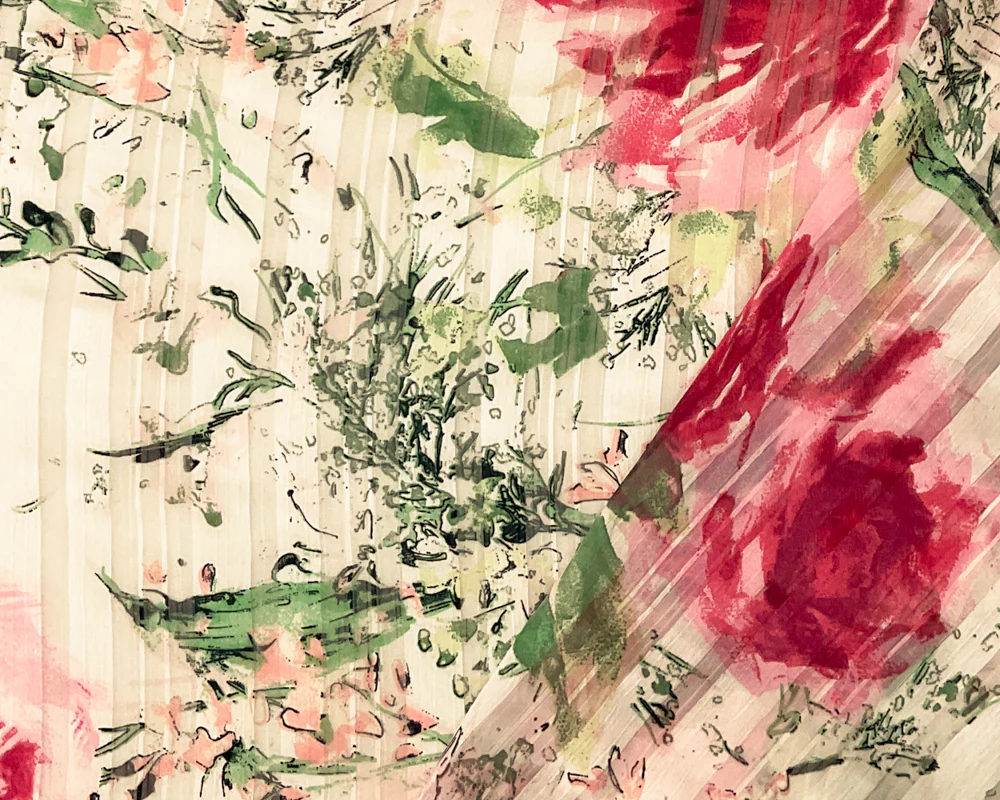 White-Multi Poly Floral Print Stripe Satin Chiffon Woven Fabric - Image 2