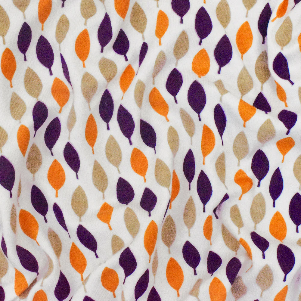 White-Purple-Multi Leaf Printed Stretch Spandex Cotton Jersey Knit Fabric - Image 2