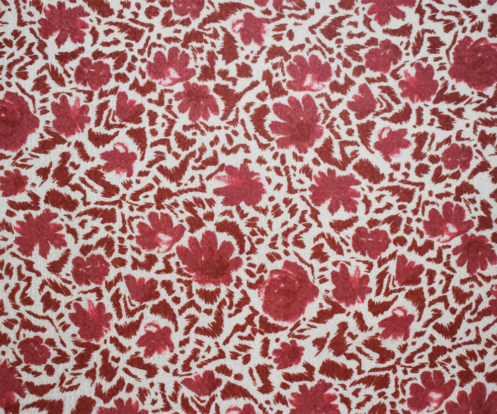 White-Red Abstract Floral Printed Poly Crinkled Chiffon Woven Fabric - Image 3