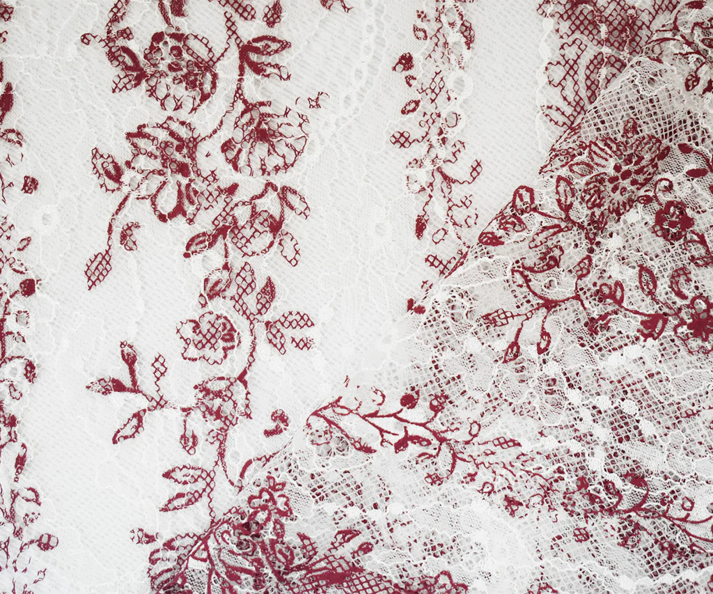 White-Red Nylon Floral Paisley Vine Printed Lace Mesh Knit Fabric - Image 2