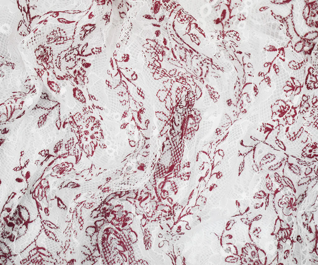 White-Red Nylon Floral Paisley Vine Printed Lace Mesh Knit Fabric - Image 3