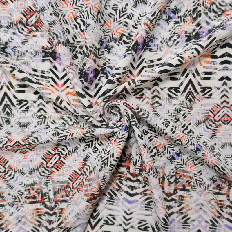 White Silk Abstract Aztec Printed Crepe De Chine Woven Fabric