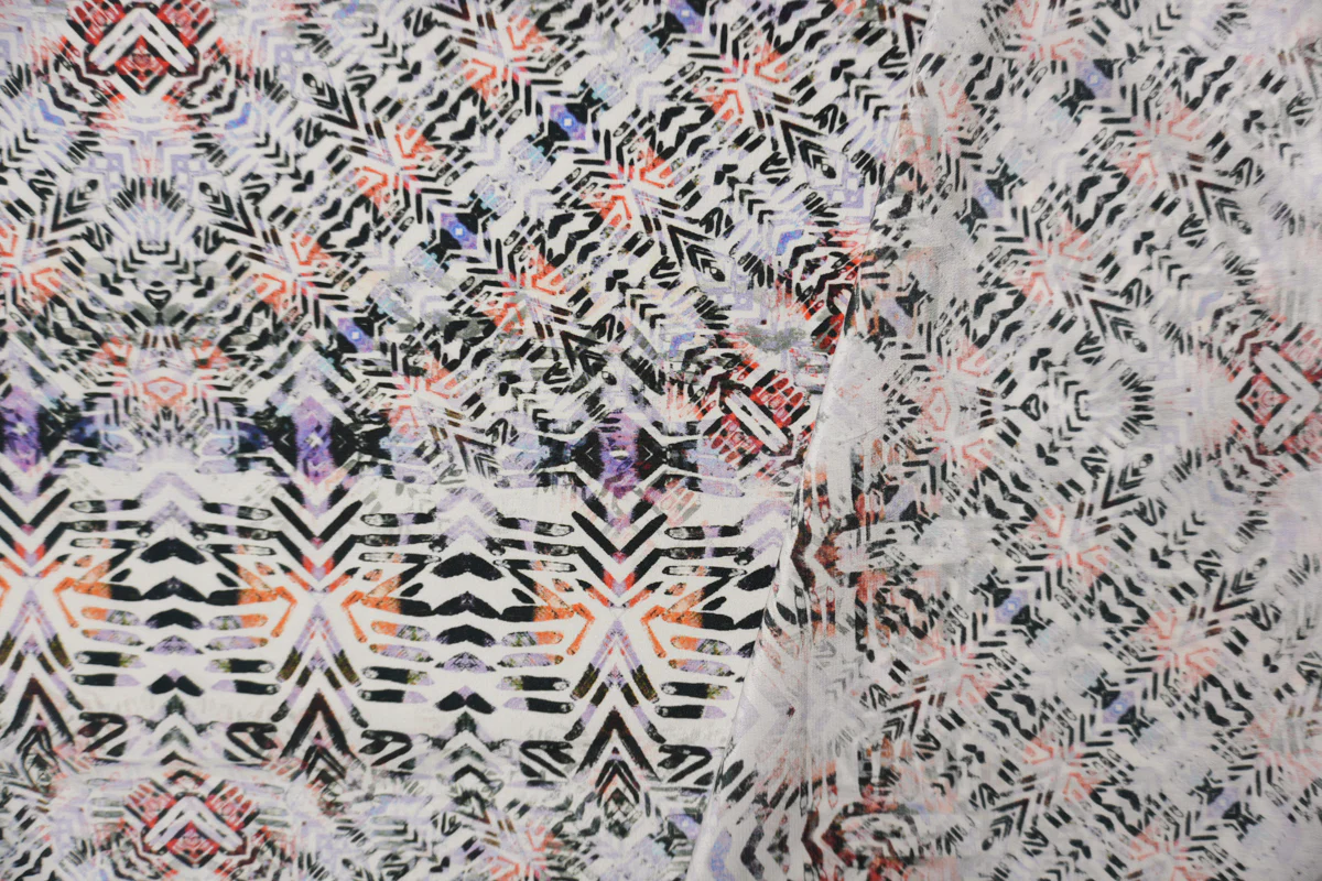 White Silk Abstract Aztec Printed Crepe De Chine Woven Fabric - Image 2