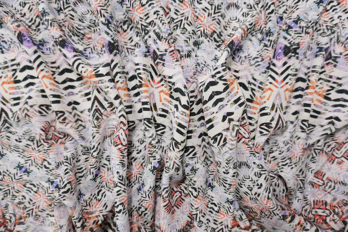White Silk Abstract Aztec Printed Crepe De Chine Woven Fabric - Image 3