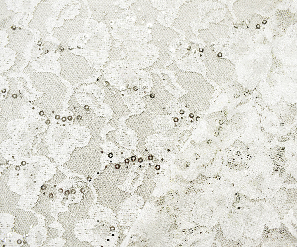 White-Silver Nylon-Polyester Floral Sequin Crochet Lace Knit Fabric - Image 2