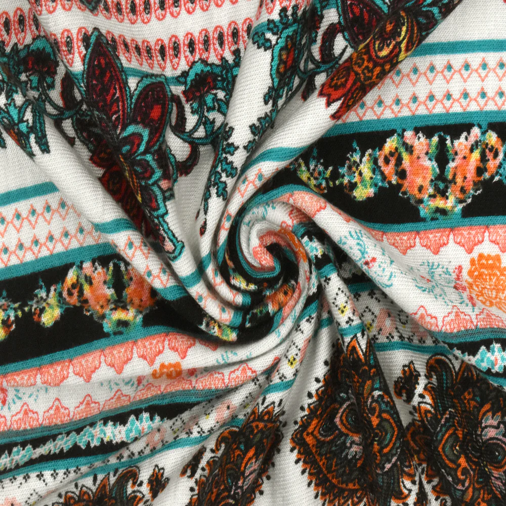 White-Teal-Multi Mix Pattern Stripe Print Rayon Stretch Jersey Knit Fabric - Image 2