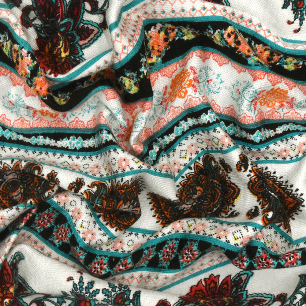 White-Teal-Multi Mix Pattern Stripe Print Rayon Stretch Jersey Knit Fabric - Image 3