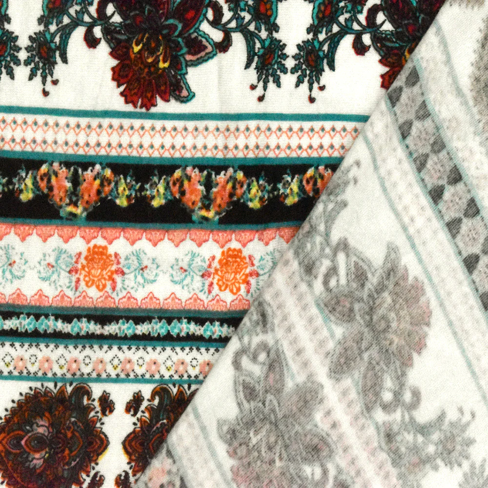 White-Teal-Multi Mix Pattern Stripe Print Rayon Stretch Jersey Knit Fabric - Image 4