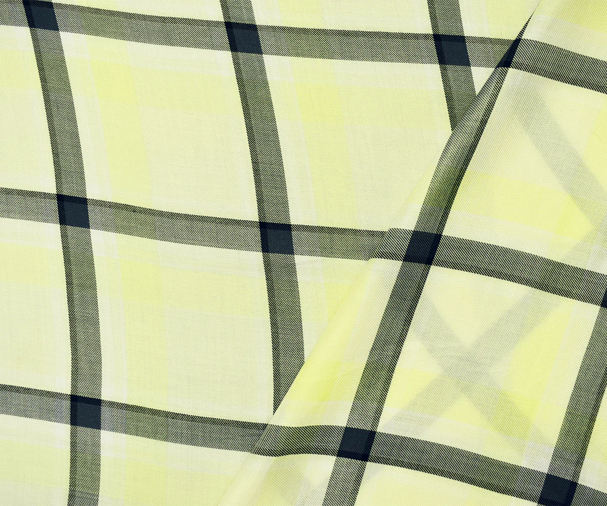 White-Yellow-Black Rayon Famous Maker Plaid Twill Woven Fabric - Image 2