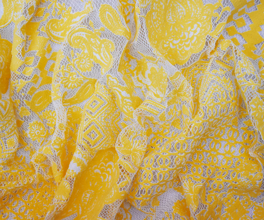 White-Yellow Cotton Nylon Floral Multi Pattern Printed Crochet Lace Knit Fabric - Image 3