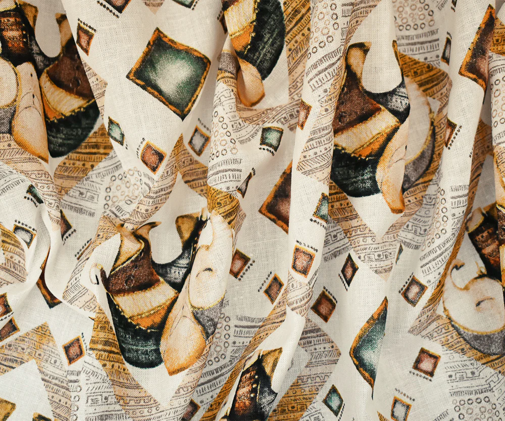White-Yellow-Multi Elephant Diamond Pattern Printed Linen Woven Fabric - Image 2