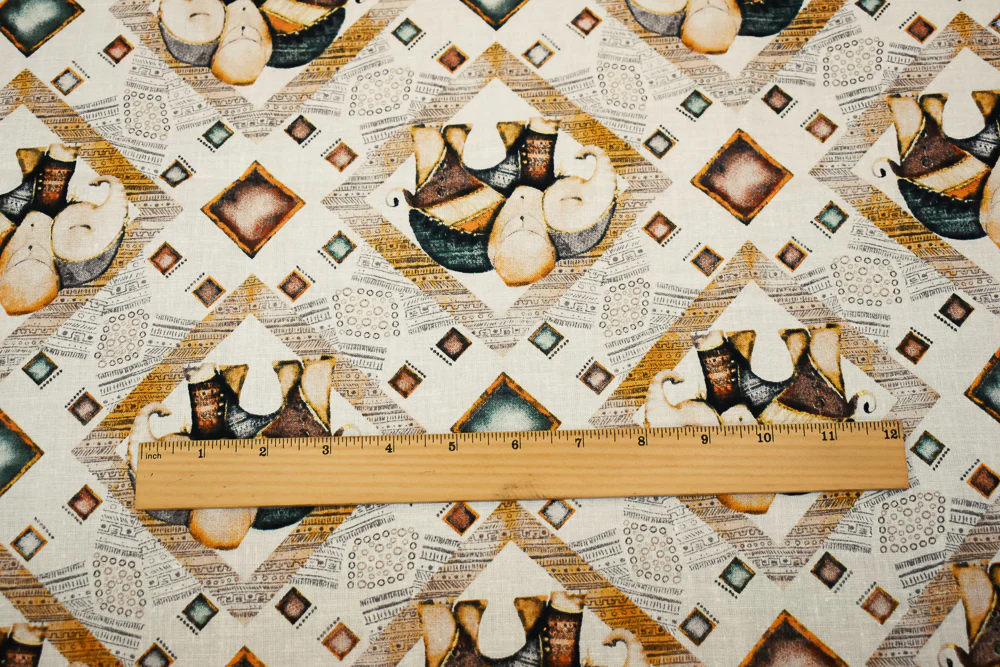 White-Yellow-Multi Elephant Diamond Pattern Printed Linen Woven Fabric - Image 5