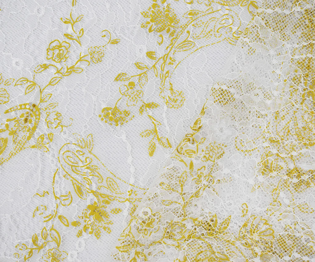 White-Yellow Nylon Floral Paisley Printed Lace Mesh Knit Fabric - Image 2