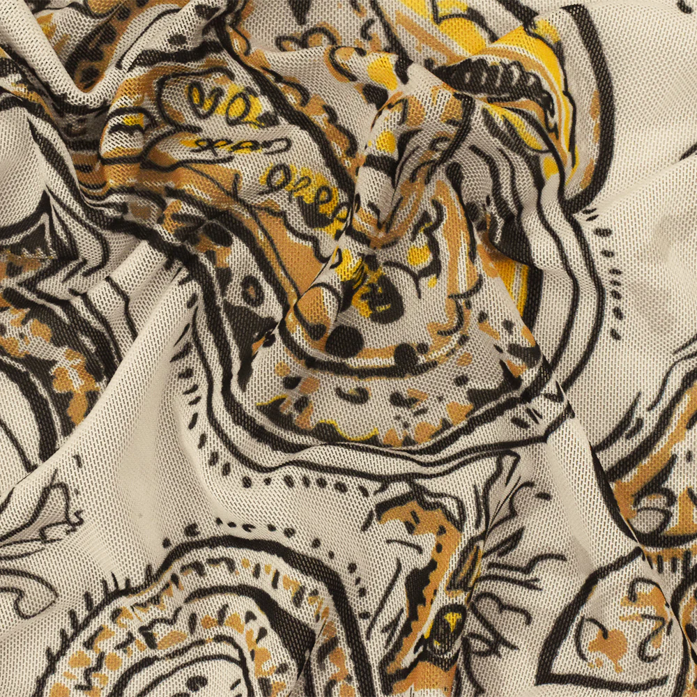 Yellow-Black-Beige Famous Designer Poly Stretch Paisley Printed Mesh Fabric - Image 2