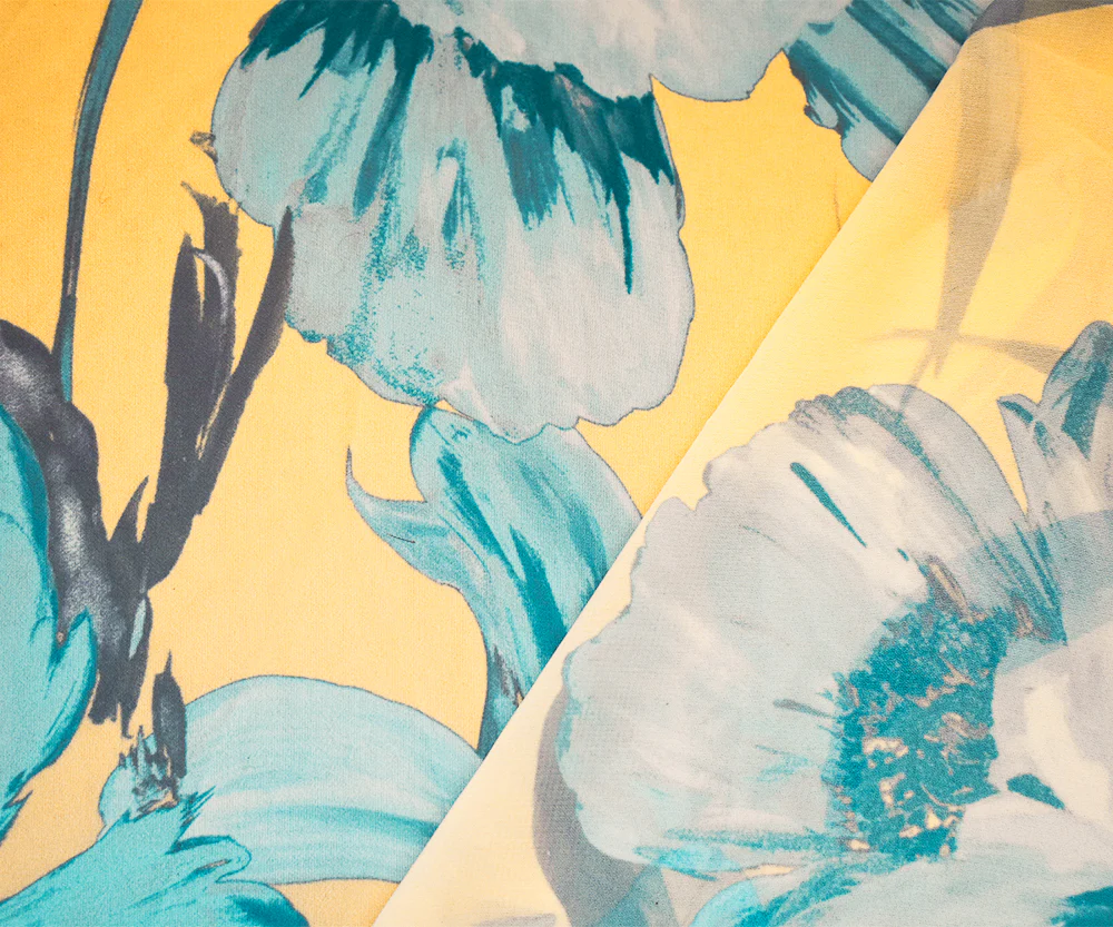 Yellow-Blue-Multi Floral Printed Poly Chiffon Woven Fabric - Image 2