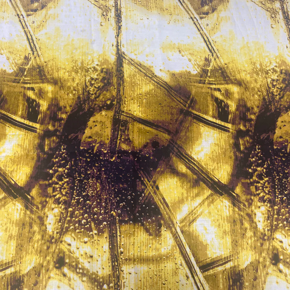 Yellow-Brown-Multi Abstract Art Printed Linen Woven Fabric