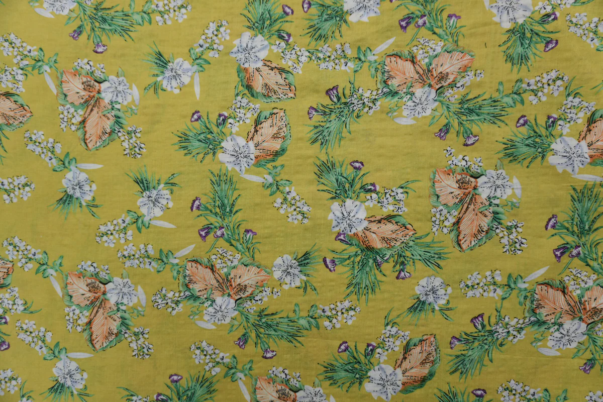 Yellow-Green-Multi Cotton Floral Printed Crinkled Voile Woven Fabric - Image 3