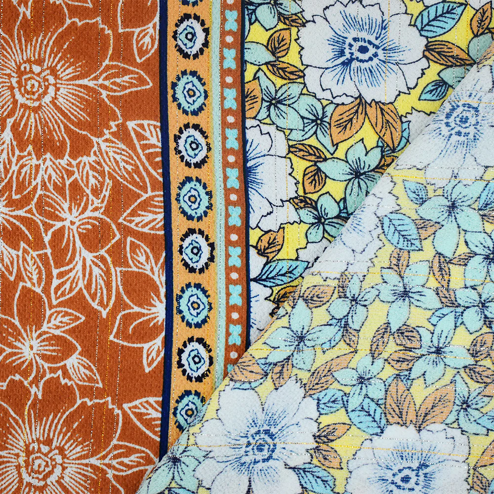 Yellow-Multi Floral Border Print Stretch Metallic Poly Ghost Crepe Fabric - Image 2