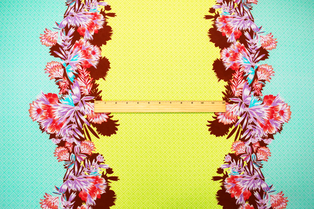 Yellow-Multi Poly Floral Diamond Border Printed Pebble Crepe Woven Fabric - Image 3