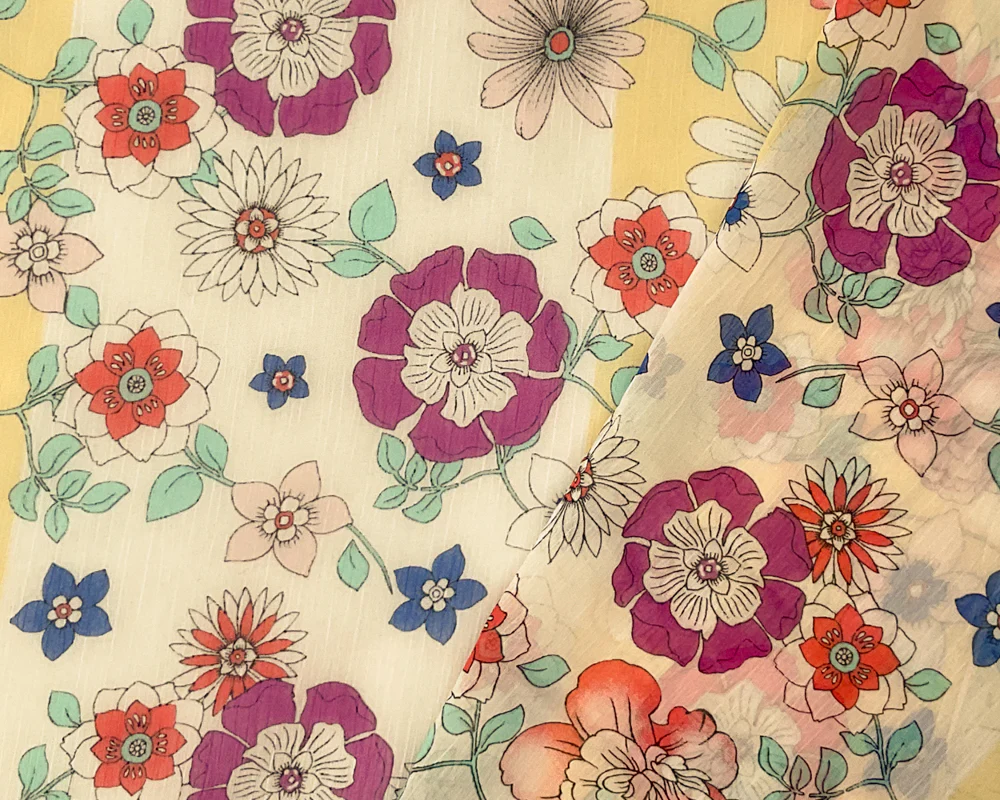 Yellow-Multi Poly Floral Print Crinkle Yoryu Chiffon Woven Fabric - Image 2